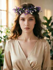 1pc Women's Bohemian Style Purple Artificial Flower Wreath With Pearl & Crystal Pendant Bridal Wedding Party Headband - Multicolor - View 1