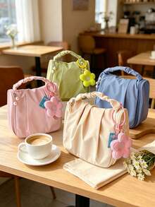 3pcs/1pc Flower‑Charm Handheld Cosmetic Bag, Sweet Style Square Shape Ruched Handle Zipper Closure Pendant Decor Portable Makeup Pouch For Travel Daily Vacation All‑Season Use - Multiple Colors and Styles - View 9