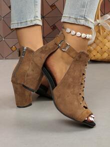 Women's High Heel Sandals Chunky Heel Open Toe Hollow Out Booties Back Zipper High Top Sexy Fashion Sandals Plus Size - Khaki - View 5