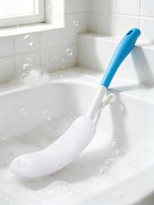 1pc Blue & White Ergonomic Long Curved Handle Bath Brush, Nylon Mesh Exfoliating Body Brush With Hanging Loop, Gentle Foaming Back Scrubber For Bathroom Shower Daily Home Use - Multicolor - View 3