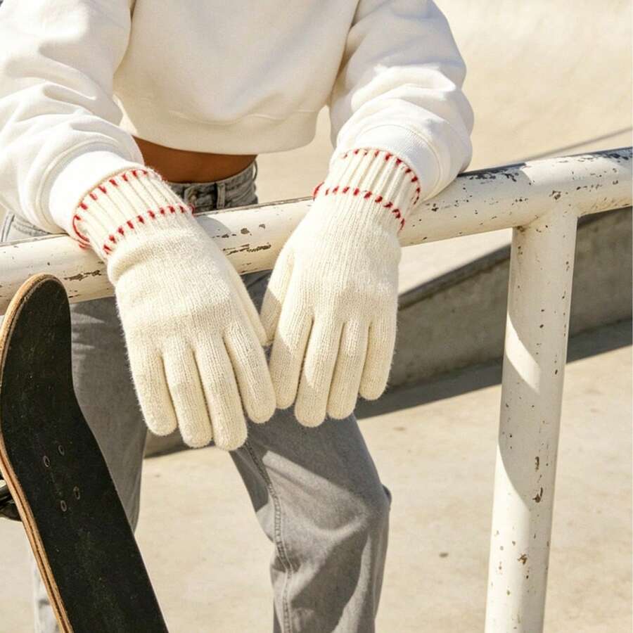 Vintage Design Solid Color Knitted Gloves For Women, Warm Finger-Separated Touchscreen Woolen Gloves, Unique Contrast Stitching Niche Versatile Outdoor Cold-Proof Gloves - Multicolor - View 1