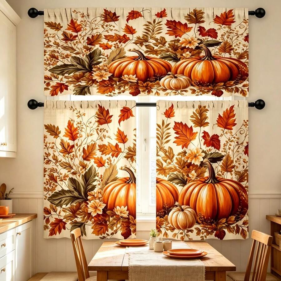 2pcs/1pc Kitchen Curtain Set, Fall Pumpkin Maple Leaf Autumn Floral Vintage Linen Background Pattern Printed Curtain Combination, 2D Flat Print, Pole Pocket Layered Curtain, Suitable For Kitchen, Restaurant, Home Decoration, Window Curtain Decor - Multicolor - View 1