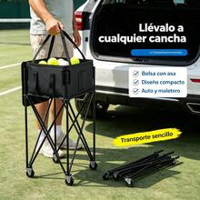 Carrito transportador plegable para pelotas de tenis, diseño desmontable, ruedas silenciosas, bolsa de almacenamiento extraíble con correa de mano, equipo práctico para canchas de tenis y academias deportivas - Negro - Ver 8