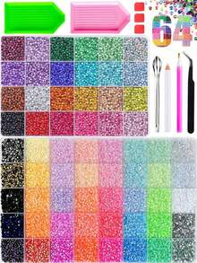 2 Boxes 64-Grid Multicolor AB Flat-Back Resin Rhinestone Decor Set, Shiny Rainbow Crystal Nail Art Gems, Includes Tray, Tweezers, Spoon, Wax Pencil Tools, Suitable For Cups, Book Covers And DIY Crafts, Can Decorate Various Items - Multicolor - View 1