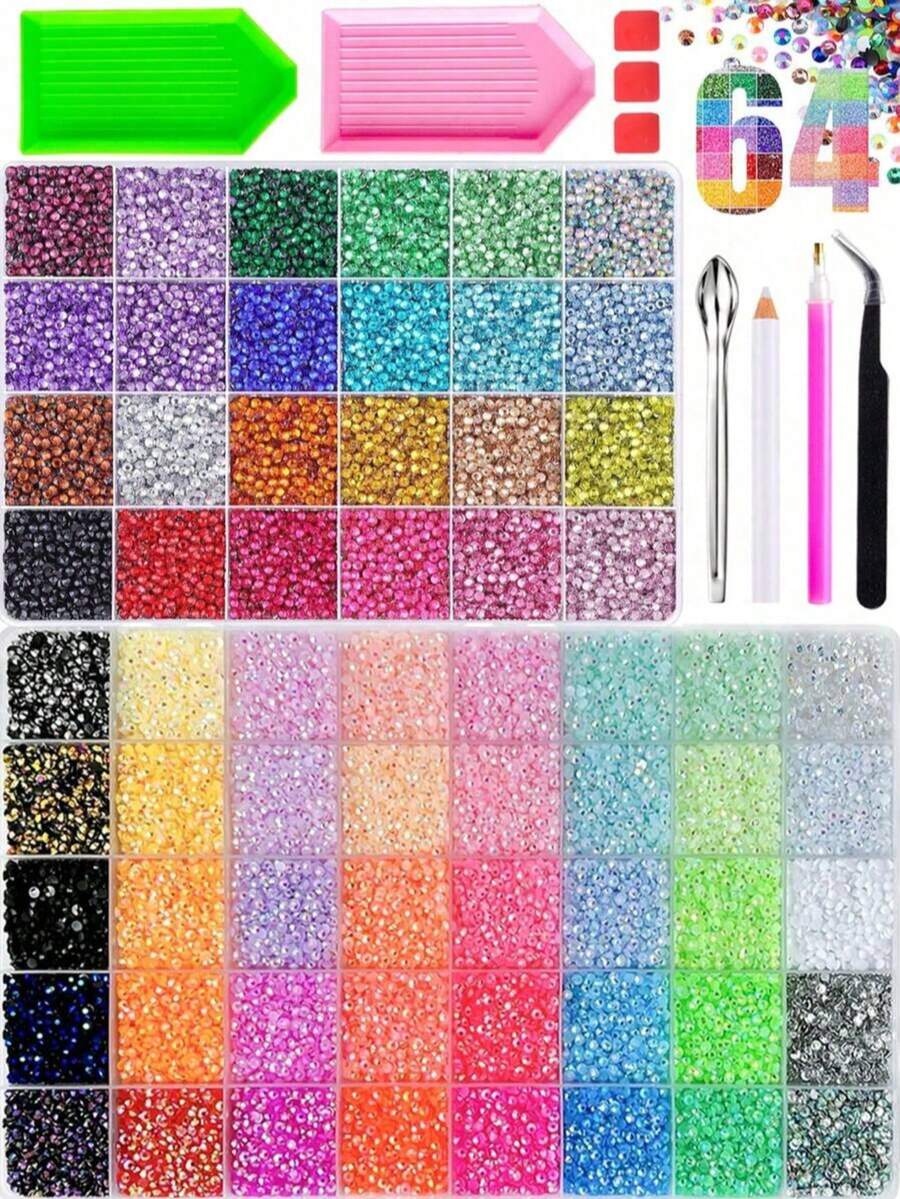 2 Boxes 64-Grid Multicolor AB Flat-Back Resin Rhinestone Decor Set, Shiny Rainbow Crystal Nail Art Gems, Includes Tray, Tweezers, Spoon, Wax Pencil Tools, Suitable For Cups, Book Covers And DIY Crafts, Can Decorate Various Items - Multicolor - View 1
