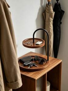 1pc 2‑Tier Walnut Wood Jewelry Tray, Black Metal Frame Round Desktop Organizer Tray, Decorative Vanity Display Holder For Keys Watch Rings Earrings, Entryway Nightstand Countertop Storage Decor - Multicolor - View 4