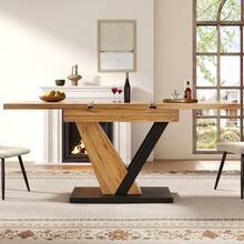Dining Table Telescopic Table (120-160*75cm), Extendable Table, Extendable To 120-160cm With Aid Of Internal Insert Panels, Kitchen And Living Room, Dining Table With Black Marble Pattern - Natural + MDF - View 2
