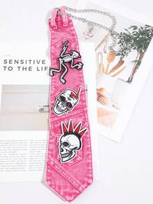 1pc Y2K Punk Rock Style Tie, Pink Denim Tie With Skull Patch, Gothic Halloween Unisex Cosplay Tie - Hot Pink - View 2