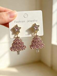 1 Pair Christmas Tree & Pentagram Fashion Earrings, Suitable For Women's Daily Commute - Pink - View 1