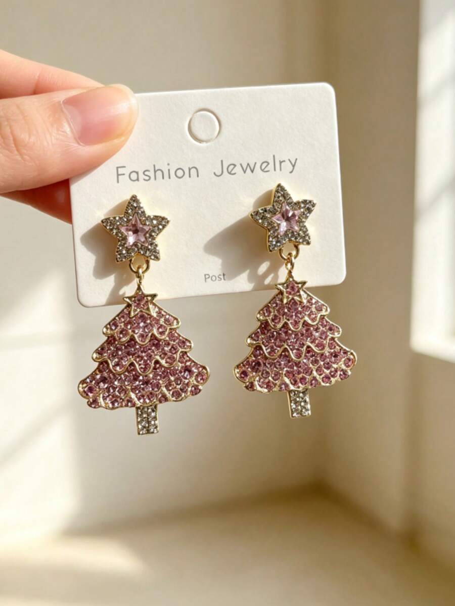 1 Pair Christmas Tree & Pentagram Fashion Earrings, Suitable For Women's Daily Commute - Pink - View 1
