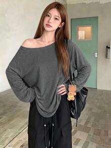Women's Spring/Autumn Solid Color Off-Shoulder Square Neck Top T-Shirt, Minimalist Versatile Romantic Beach Street Y2K Hot Girl Lady Style - Dark Grey - View 2