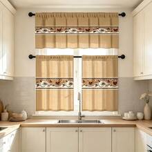 2pcs/1pc Kitchen Curtain Set, Khaki Solid Base Vintage Scroll Floral Border Stripe Pattern Printed Curtain Combination, 2D Flat Print, Pole Pocket Layered Curtain, Suitable For Kitchen, Restaurant, Home Decoration, Window Curtain Decor - Multicolor - View 7