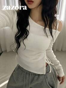 女款芭蕾風蝴蝶結露肩秋季上衣，極簡性感風，性感女孩抓皺修身收腰長袖上衣 - 白色 - 查看 6