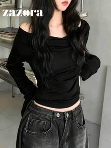 Korean Style Slimming Cold Shoulder Versatile Long Sleeve T-Shirt Top Autumn Clothing - Black - View 6