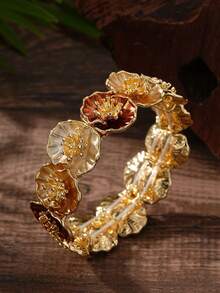 Cring Coco 1 pieza Brazalete de flor de estilo vintage esmaltado para mujer, accesorio elegante de brazalete floral chapado en oro, accesorio de nicho para uso diario, fiesta y regalos de vacaciones - flores - Ver 8