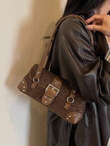 1PC Coffee Brown Leopard Print Baguette Underarm Bag, Metal Square Buckle Strap Decor, Rivet Reinforced Corners, Extended Matching Pattern Handheld Shoulder Strap, Street Style Commuter Shoulder Small Bag Light Pink Leopard Baguette Bag Rivet Decor Design Sweet Cool Style Handheld Shoulder Purse - Coffee Brown - View 7