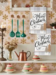 2Pcs Merry Christmas Grey Plaid Tree Kitchen Towel Set, Buffalo Check Border With Cursive Letter & Wooden Xmas Tree Snowflake Print, Farmhouse Kitchen Towels, Holiday Supplies, Dish Hand Tea Towels For Kitchen Dining Room Table Decor - Light Grey - View 5