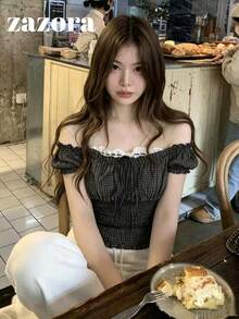 Korean Style Cold Shoulder Plaid Bow Top, Textured Short Petal Sleeve Cinched Waist Summer Blouse - Black and Brown Stripes - View 6
