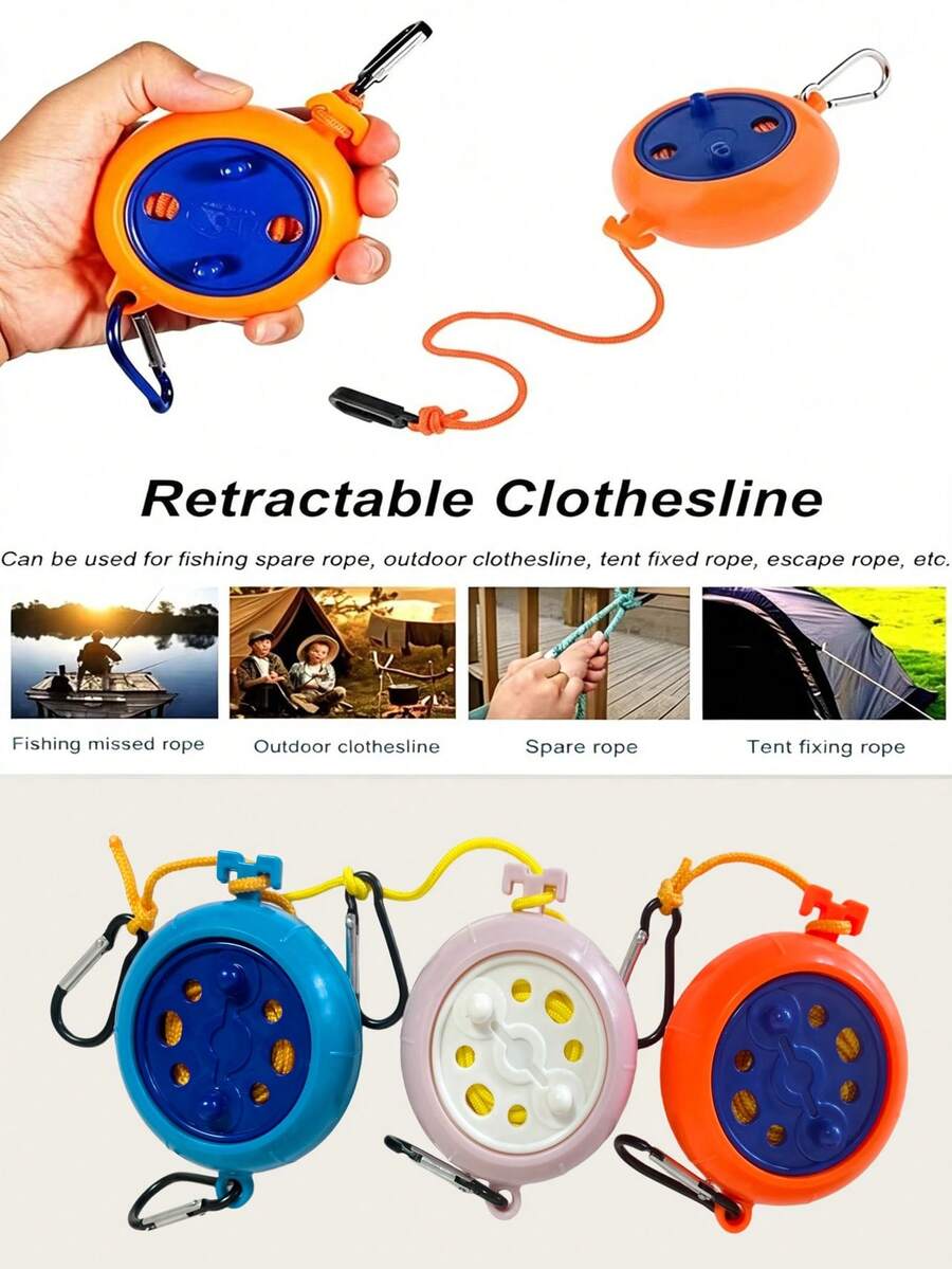 1 pc Tali Jemuran Portabel yang Dapat Ditarik dengan Kait Karabiner, Kotak Penyimpanan Bulat Ringkas untuk Perjalanan, Tali Pengering Pakaian untuk Camping, Hotel, Balkon & Penggunaan Dalam Ruangan, Tali dengan Karabiner untuk Pengikat Tenda Camping, Tali Cadangan Memancing, Cuci Pakaian Saat Perjalanan Outdoor