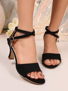 1 Pair High Heel Sandals, Cross Strap + Rhinestone Buckle Decor, Suede PU Material, Round Toe Stiletto Heel, Elegant Party Style, Suitable For Daily Commute, Evening Party, Ball, Dress Matching, Outdoor Wear - Black - View 4