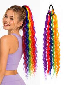 18-Inch Colored Curly Ponytail Wig Pieces, A 2 Pieces Set Of Fashionable Synthetic Ponytail Wigs, Suitable For Women To Wear. - Multicolor - View 1