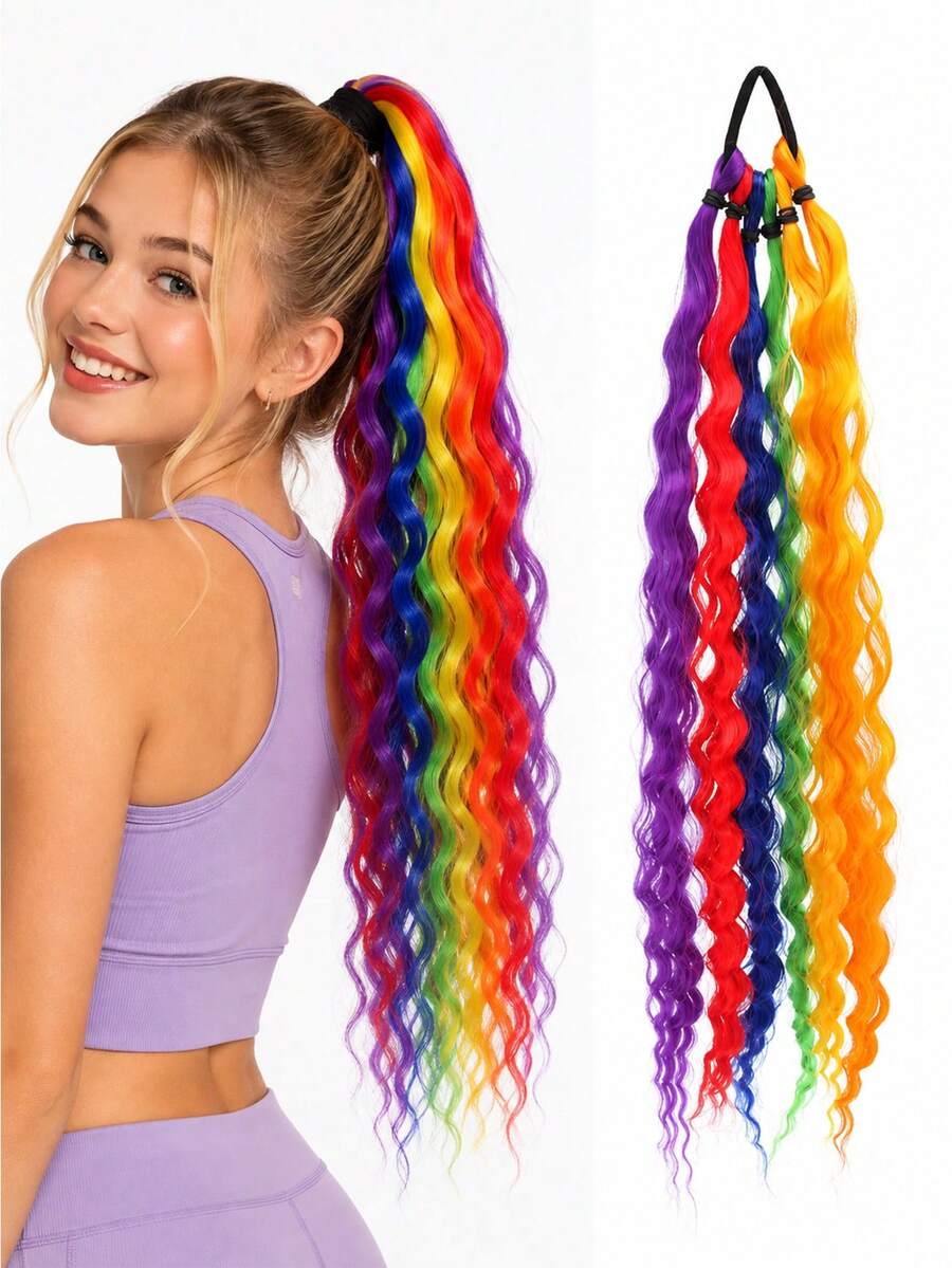 18-Inch Colored Curly Ponytail Wig Pieces, A 2 Pieces Set Of Fashionable Synthetic Ponytail Wigs, Suitable For Women To Wear. - Multicolor - View 1