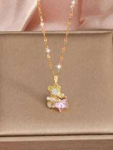 1pc Rhinestone Teddy Bear Pendant Necklace With Pink Crystal Star, Cute Elegant Fashion Jewelry, Suitable For Children's Party, Prom, Date And Daily Wear Gift - Gold - View 1