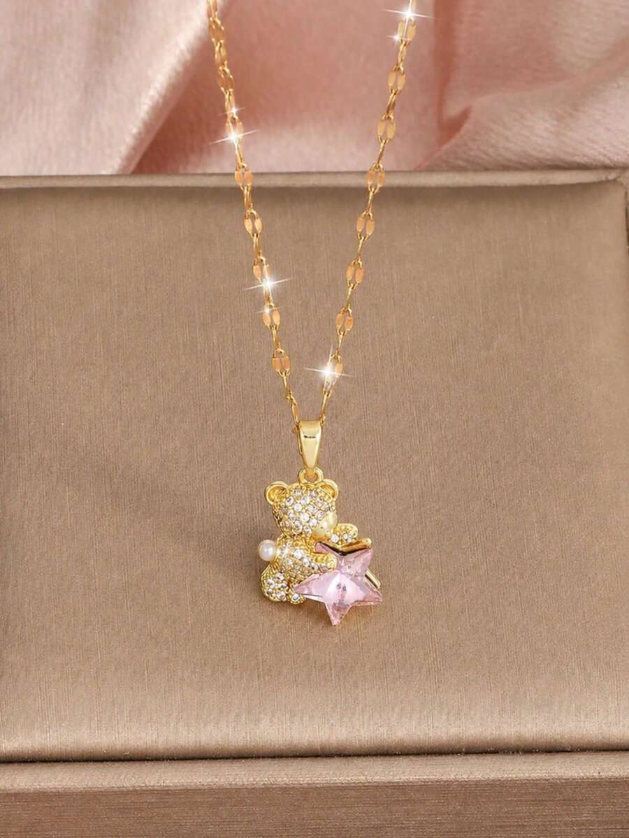 1pc Rhinestone Teddy Bear Pendant Necklace With Pink Crystal Star, Cute Elegant Fashion Jewelry, Suitable For Children's Party, Prom, Date And Daily Wear Gift - Gold - View 1