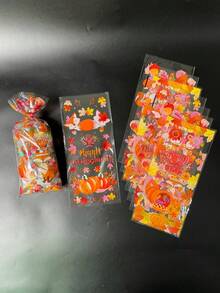 50pcs Thanksgiving Maple Leaf Bread Fox Pattern Gift Packaging Flat Bags, With Gold Twist Ties, Thanksgiving Theme Party Gift Packaging Transparent OPP Bags - W-Yellow - View 3