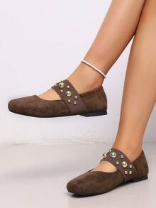 rlyza Vintage Velvet Mary Jane Shoes For Women With Metal Rivets, Round Toe, Flat Sole, Maillard Style Commuter Versatile Shoes - Brown - View 3