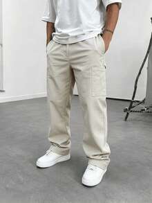 Men Off‑White Straight Leg Cargo Pants Multi‑Pocket Elastic Waist Solid Loose Retro Casual Trousers - Khaki - View 1