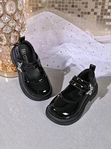 Girls' Shiny Mary Jane Shoes With Metal Butterfly Decor, Double Buckle, Non-Slip, Beige Princess Shoes - Black - View 3