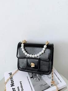 1pc Girls Solid Color PU Magnetic Closure Fashion Pearl Handbag Small Square Bag Chain Crossbody Bag Suitable For All Seasons Daily Use - A - View 13