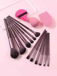 15Pcs Makeup Brush Kit, 12Pcs Face & Eye Makeup Brushes + Makeup Sponge + Triangle Powder Puff + Silicone Brush Cleaner, Soft Fiber For Foundation Blush Eyebrow Eyeshadow Daily Makeup - Coffee Brown - View 4