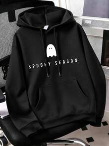 Ghost Letter Print Pattern Sweatshirt, Plus Size Women's Casual Autumn/Winter Long Sleeve Pocket Hooded Sweatshirt Black - Black - View 1