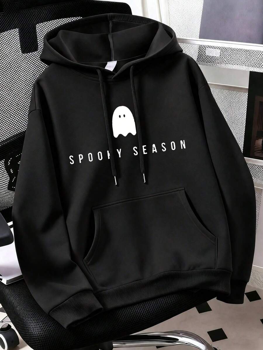 Ghost Letter Print Pattern Sweatshirt, Plus Size Women's Casual Autumn/Winter Long Sleeve Pocket Hooded Sweatshirt Black - Black - View 1
