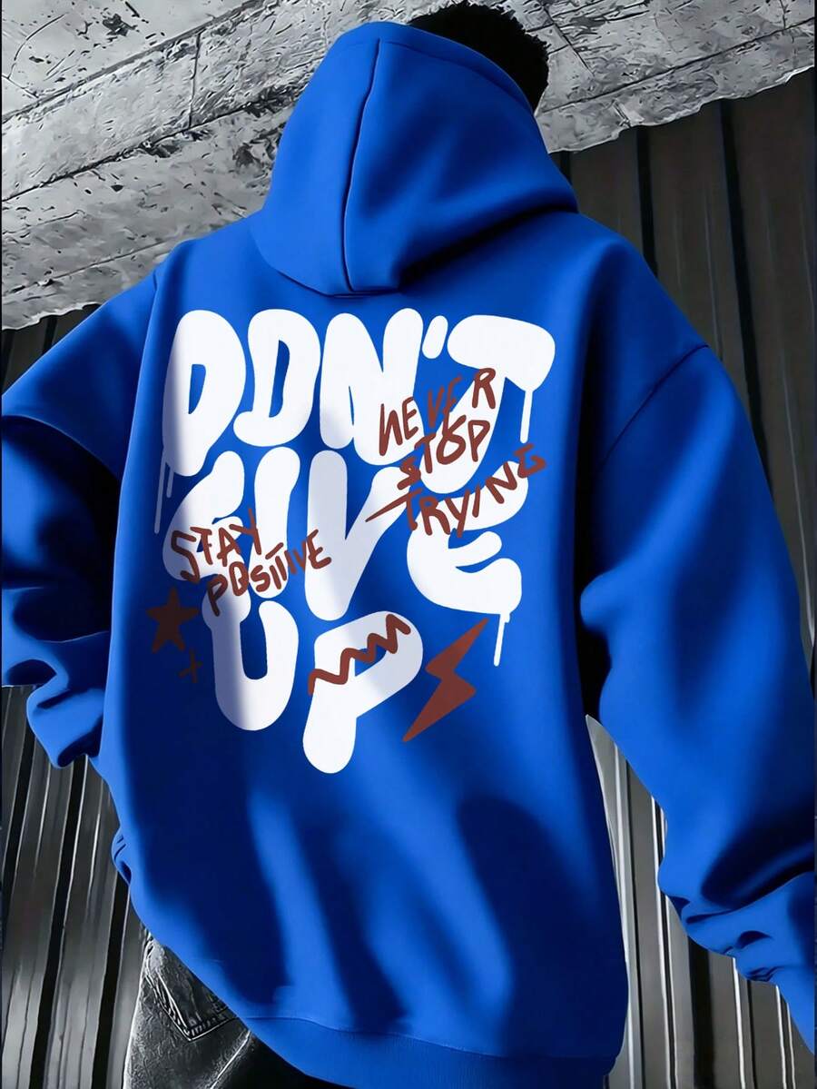 男士秋冬休閒時尚「Don't Give Up」標語印花袋鼠口袋抽繩連帽抓絨衛衣 - 藍色 - 查看 1