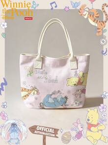 Miniso Disney Winnie The Pooh Canvas Tote Bag With Cute Eeyore Tigger Piglet Print Shoulder Bag With Handles For Daily Use - White - View 1