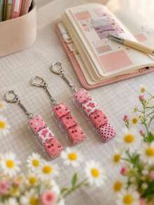 4/3/2/1 Key Sweet Pink Cherry Cow Polka Dot Pattern Cube Keychain, Lightweight & Durable, Decorative Spring Clip, Bag Charm, Key Ring, Suitable For Men & Women, Backpack Decoration, Wallet Pendant, Car Key, Handbag Accessory, Daily Commute, Holiday Gift, Party Favor, Christmas Valentine's Day Birthday Wedding Gift - Multicolor - View 9