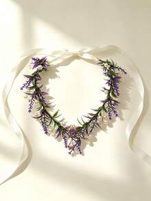 1pc Women's Bohemian Style Purple Artificial Flower Wreath With Pearl & Crystal Pendant Bridal Wedding Party Headband - Multicolor - View 3