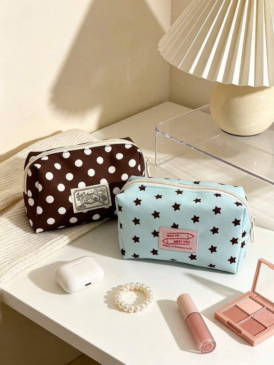 1pc Cute Polka Dot Star Print Makeup Bag, Portable Zipper Cosmetic Storage Bag, Lightweight Waterproof Travel Organizer, Large Capacity Makeup, Lipstick, Small Toiletries Storage Bag, Multi-Purpose Daily Organizer For Women