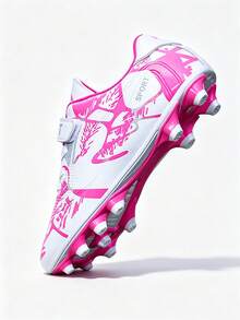 1 Pair White & Pink Camo Graffiti Football Cleats, Long Studs, High Speed, Anti-Slip, Hook & Loop Closure, Lightweight & Breathable (Hand-Painted Sole With Uneven Finish, Asymmetrical Pattern & Color On Upper) - White Powder - View 3
