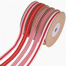 10 Yards Red White Striped Satin Ribbon, 1cm Stitched Edge Decorative Ribbon For Christmas Present Wrapping, Holiday Tree Decor, DIY Crafts - View 1