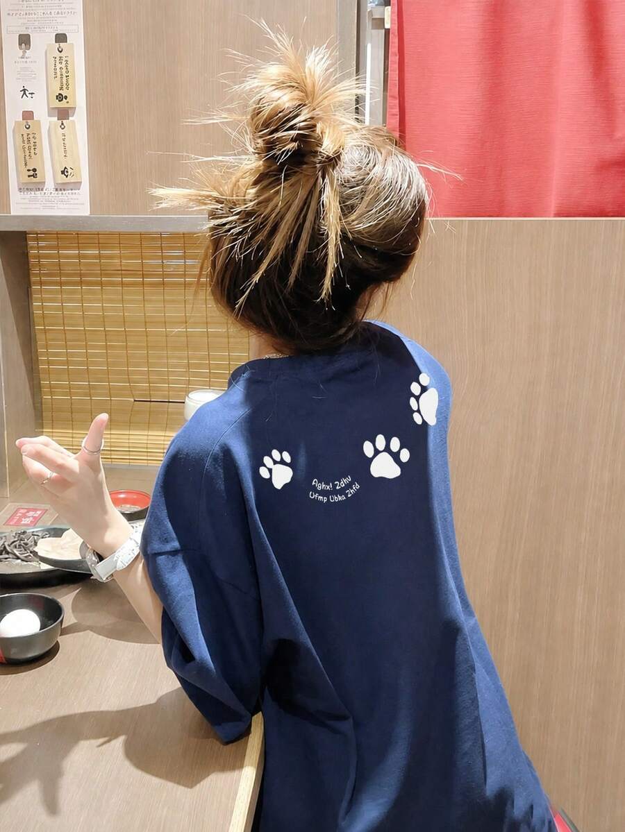 Women's Casual Round Neck Loose Fitting Letter & Puppy Print Short Sleeve T-Shirt, Versatile For Spring/Summer - Navy Blue - View 1