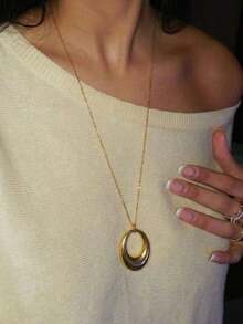 1pc 18K Gold Plated Stainless Steel Geometric Oval Pendant Necklace, Minimalist Vintage Luxury Necklace, Suitable For Daily Wear - necklace - View 10