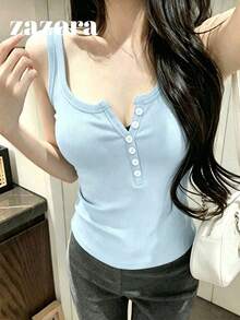 韓式性感U領鈕扣針織背心女上衣，休閒四季款 - 乳藍 - 查看 4