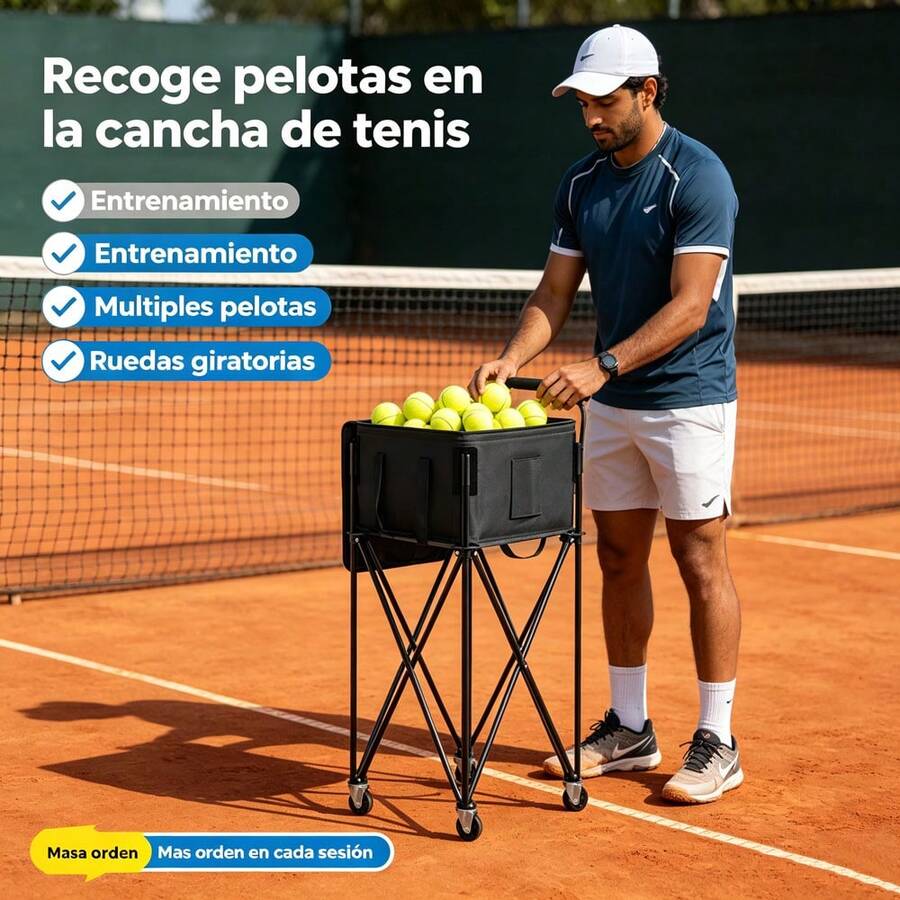Carrito transportador plegable para pelotas de tenis, diseño desmontable, ruedas silenciosas, bolsa de almacenamiento extraíble con correa de mano, equipo práctico para canchas de tenis y academias deportivas - Negro - Ver 1
