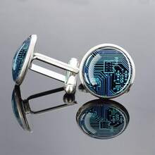 1 Pair Circuit Board Pattern Cufflinks Glass Inlaid Circular Decoration Men's Formal Gift Elegant Design Exquisite Style Business Accessories - Silver - View 10