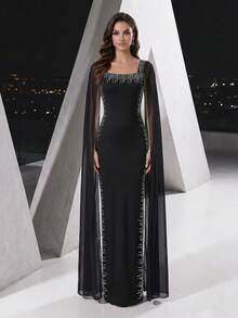 YISIKADO Rhinestone Embellished Elegant Fitted Chiffon Square Neck Split Sleeve Long Dress For Women Wedding Guest Party - Black - View 4