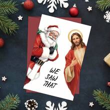 1pc Humorous "We Saw" Christmas Card With Envelope - Funny Santa And Jesus Design Holiday Greeting Card, Christmas Blessing Card For Friends And Family, Holiday Celebration Card, Christmas Gift - A - View 4